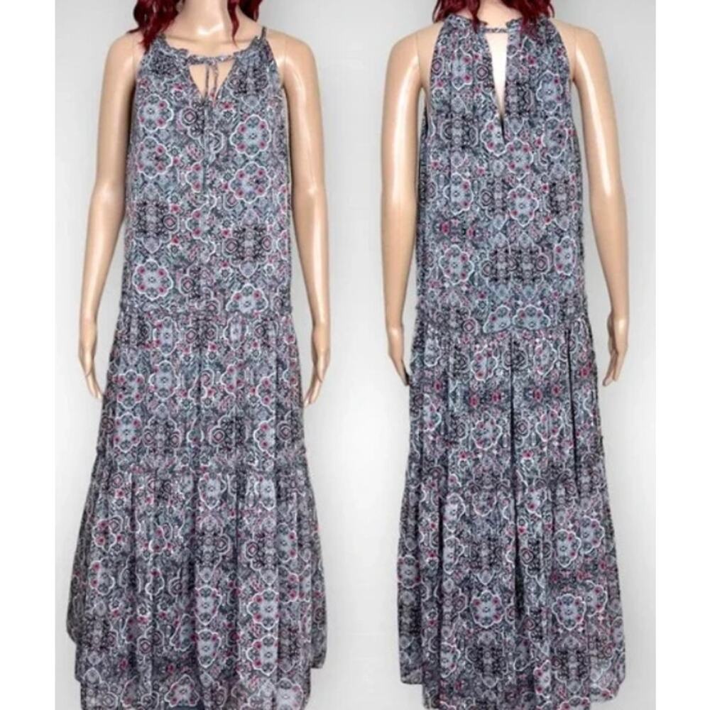Drew Tiered Maxi Dress Womens Size M Navy Medallion Print NEW Boho Romantic Chic